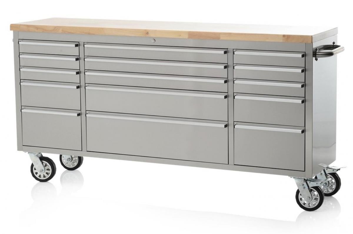 FIR 72 Brushed Stainless Steel Tool Chest Box 15 Drawers Solid Wooden Top
