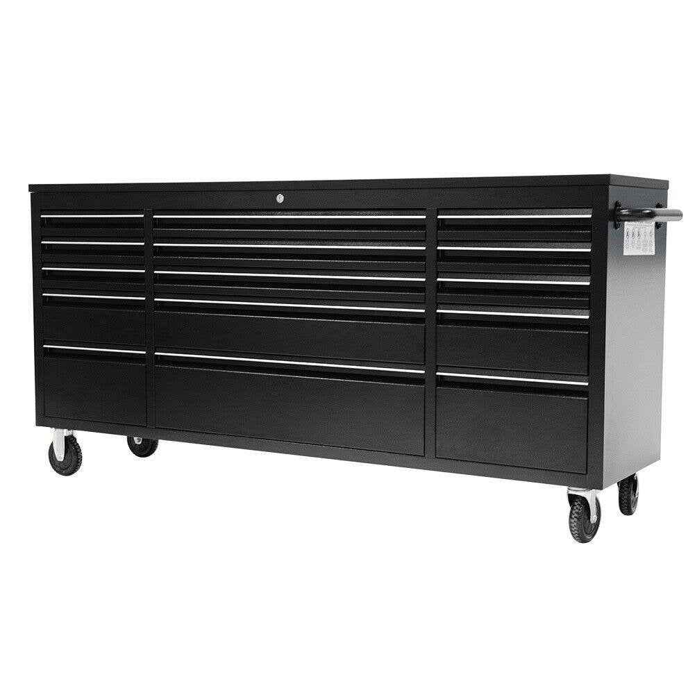 FIR 72 Powder Coated Black Steel Tool Chest Box 15 Drawers Solid Rubber Top
