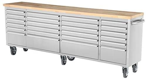 FIR 96" Brushed Stainless Steel 24 Drawer Tool Chest Solid Wooden Top