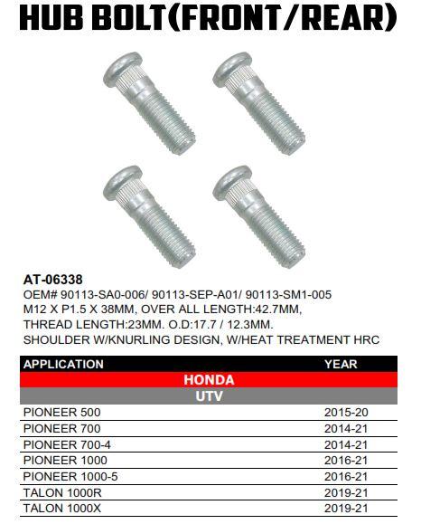 Bronco Hub Bolt Pk4 M12 X P1.5 X 38mm, Bronco at-06338, 90113-sa0-006, 90113-sep-a01, 90113-sm1-005