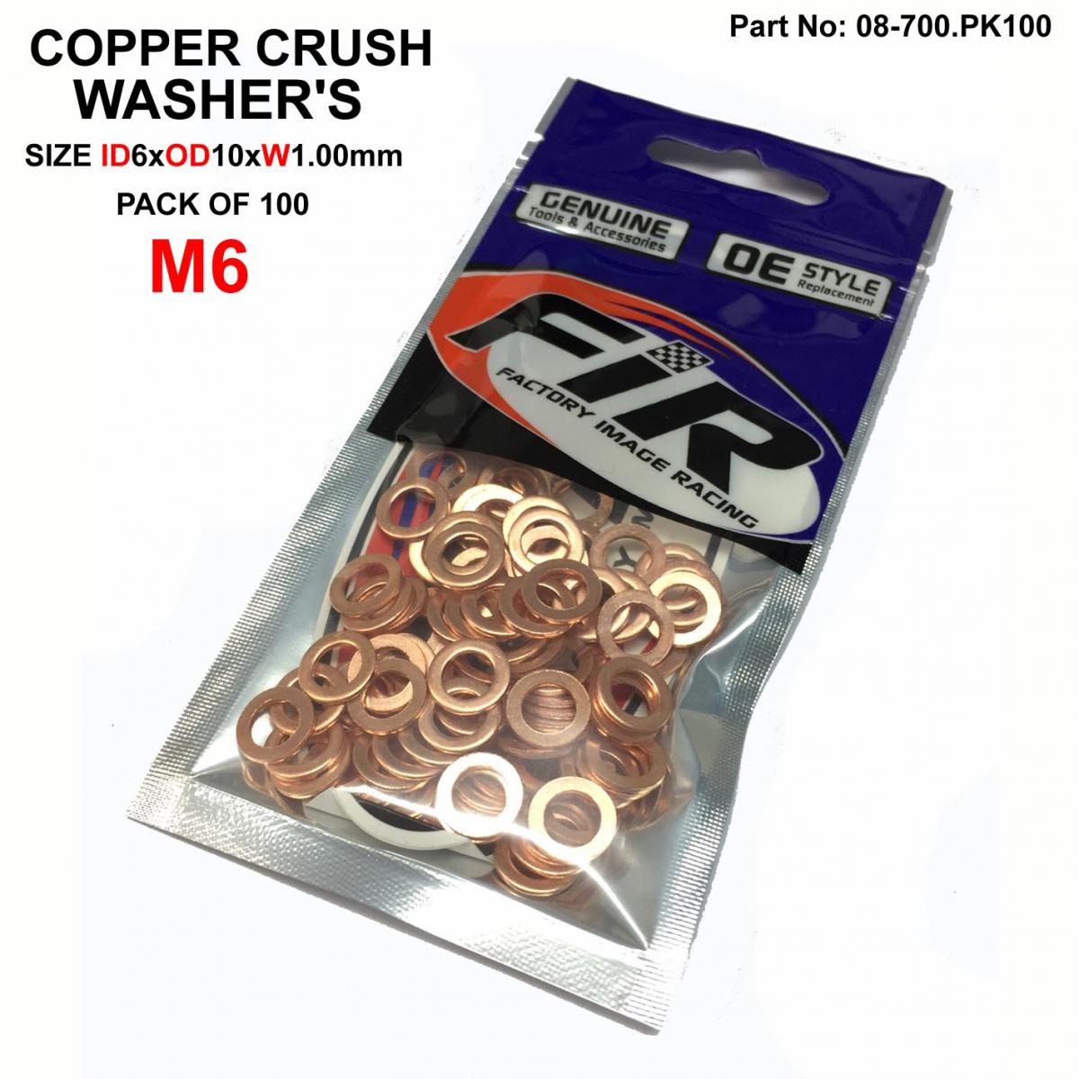 FIR Copper Washer M6 Pk of 100, Size Id6 X OD10 X W1.00mm