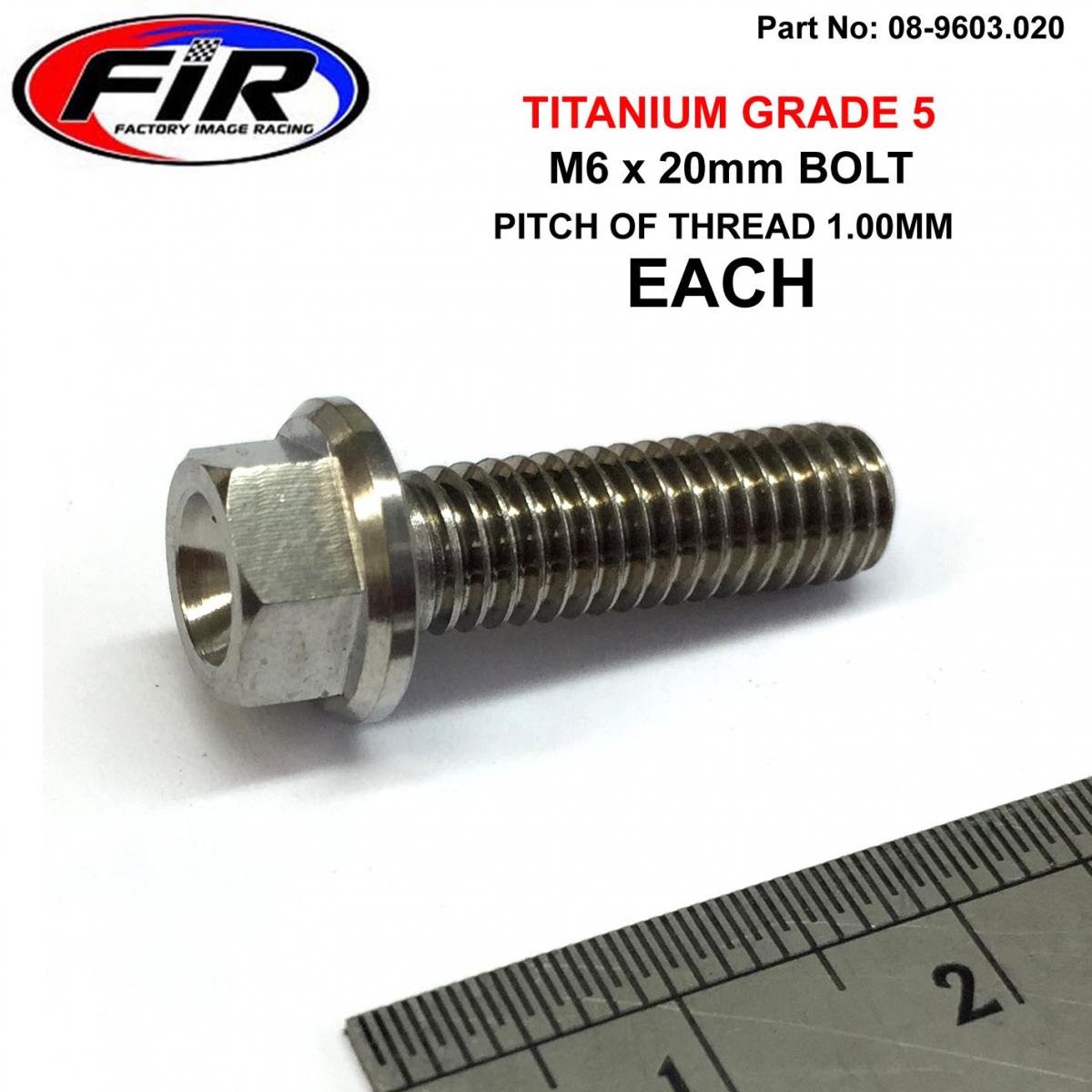 FIR Titanium Gr5 Bolt M6 X 20mm Each, Flange Od: 11mm / Hex Size: 8mm, /