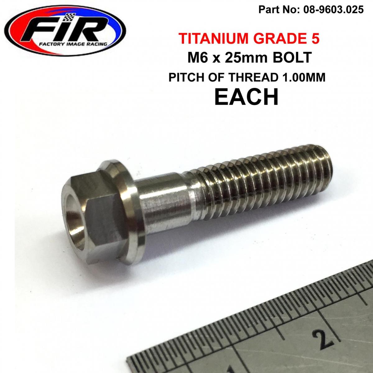 FIR Titanium Gr5 Bolt M6 X 25mm Each, Flange Od: 11mm / Hex Size: 8mm, /
