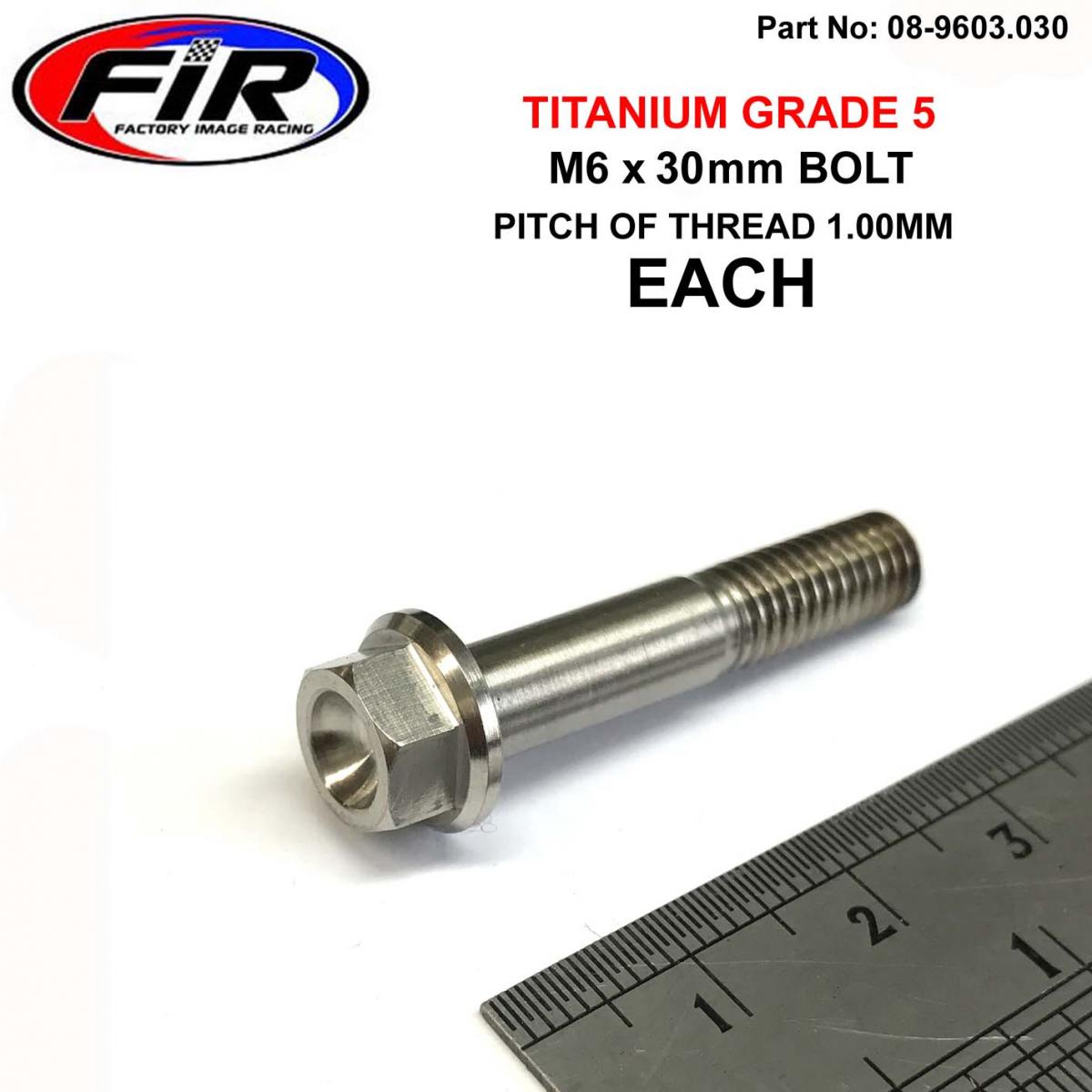 FIR Titanium Gr5 Bolt M6 X 30mm Each, Flange Od: 11mm / Hex Size: 8mm, /