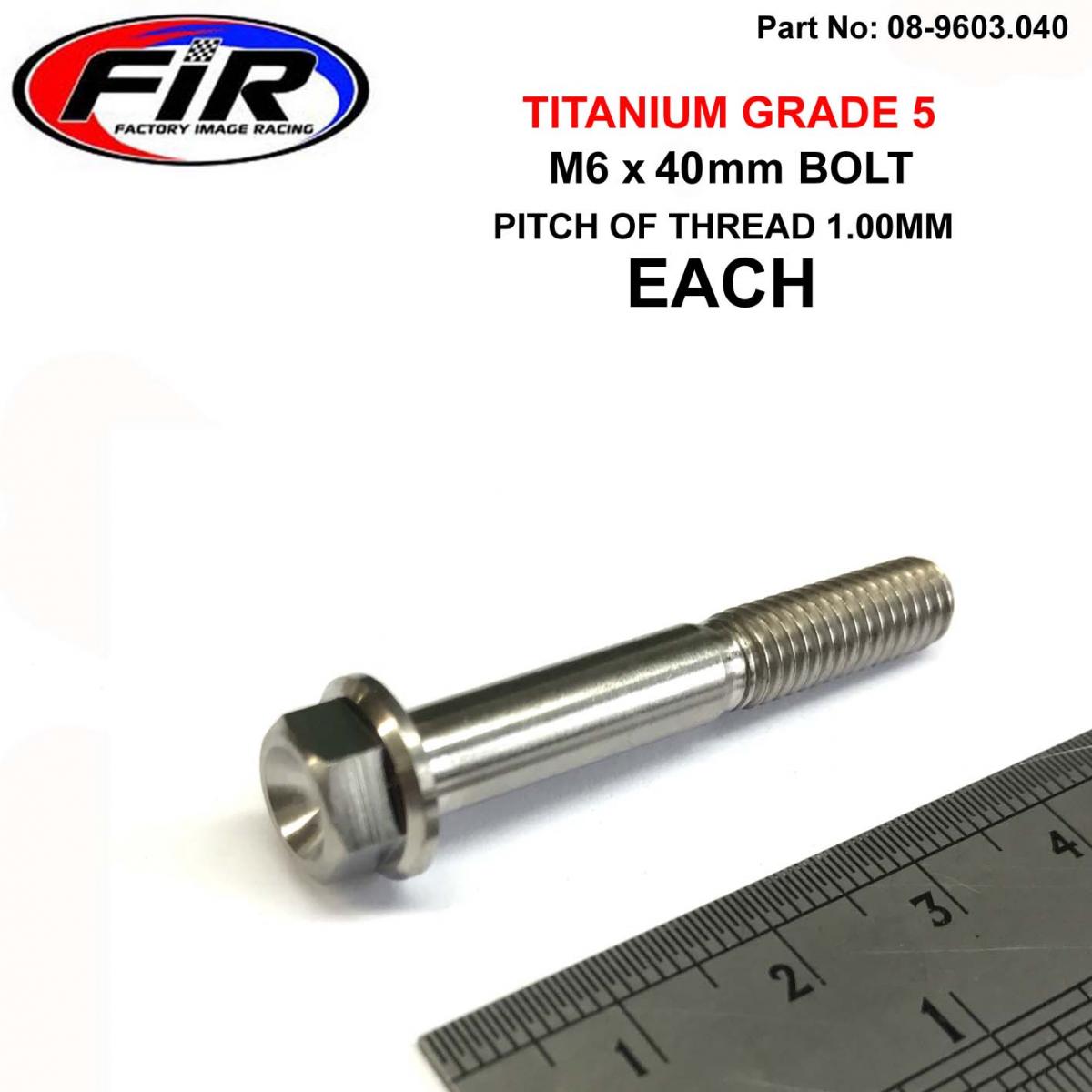 FIR Titanium Gr5 Bolt M6 X 40mm Each, Flange Od: 11mm / Hex Size: 8mm, /