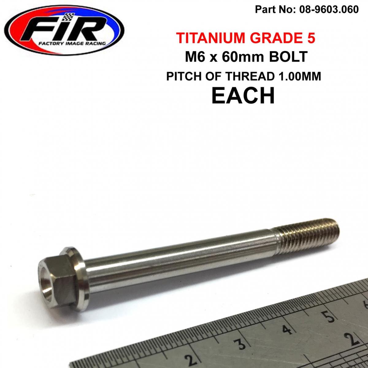 FIR Titanium Gr5 Bolt M6 X 60mm Each, Flange Od: 11mm / Hex Size: 8mm, /