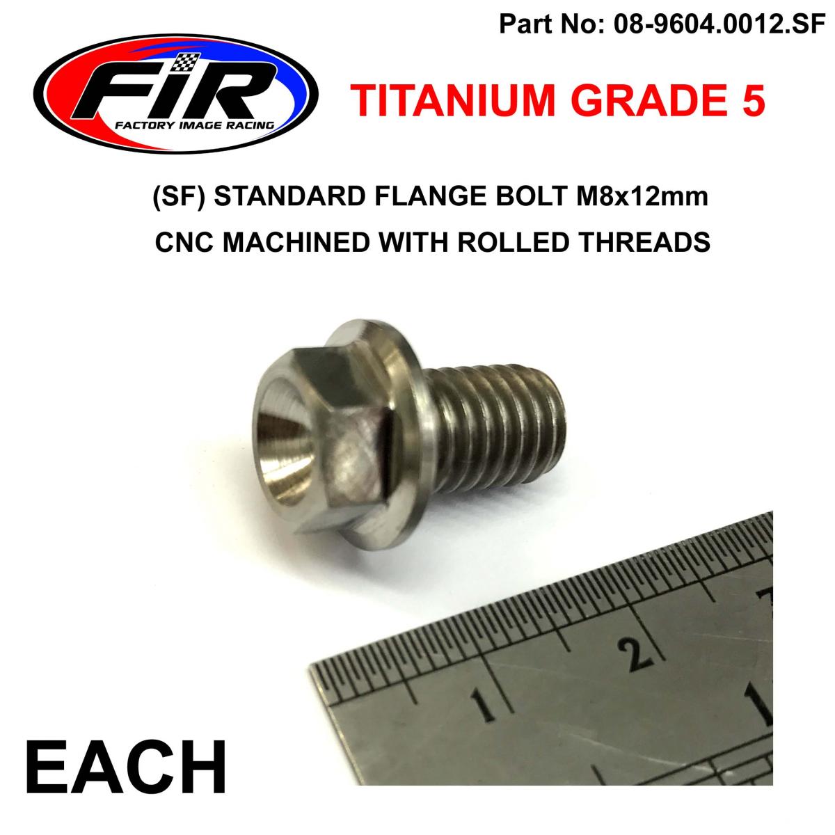 FIR Titanium Gr5 Bolt M8 X 12mm Each, Flange Od: 14mm / Hex Size: 10mm, /