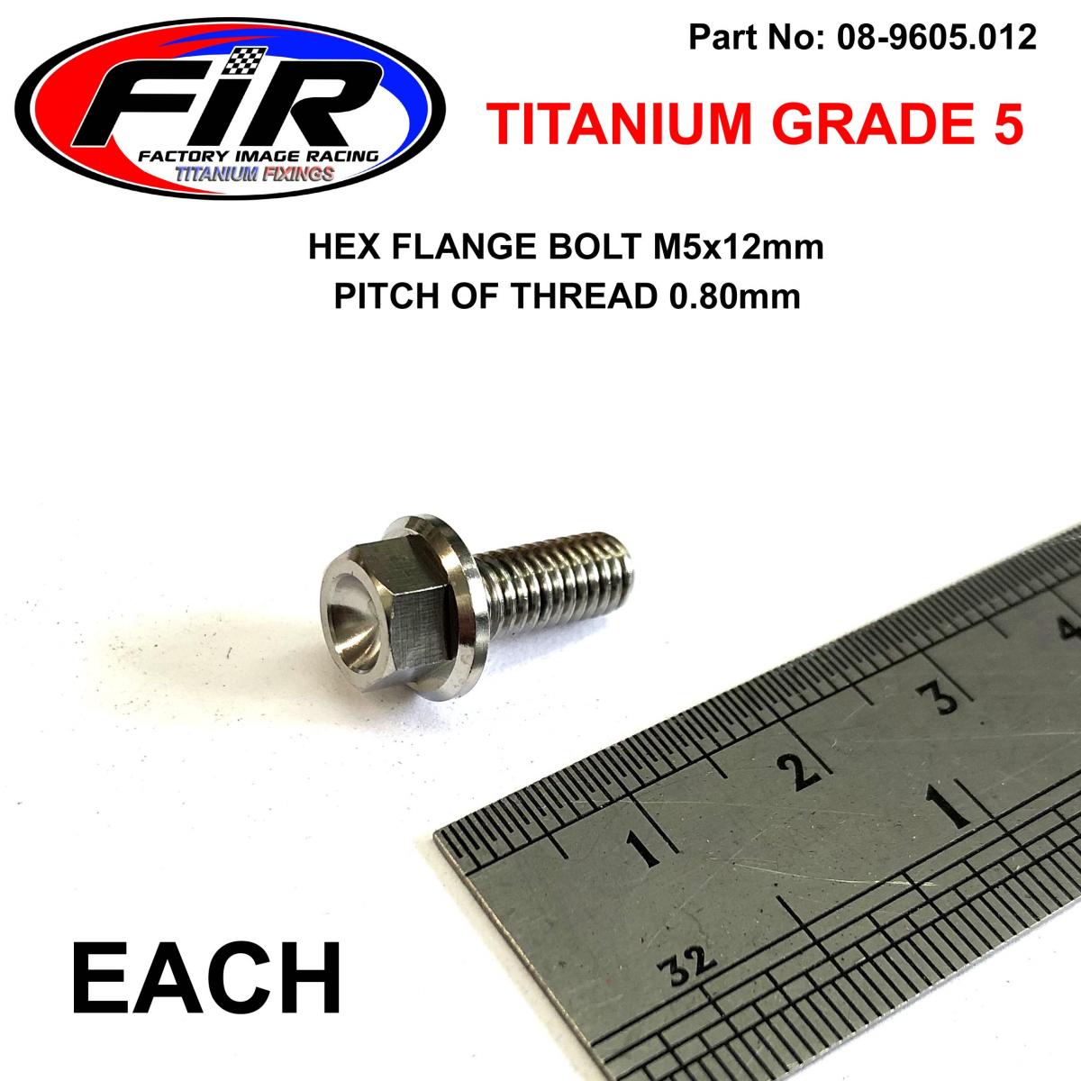 FIR Titanium Gr5 Bolt M5 X 12mm Each, Flange Od: 9.90mm / Hex Size: 7mm, /