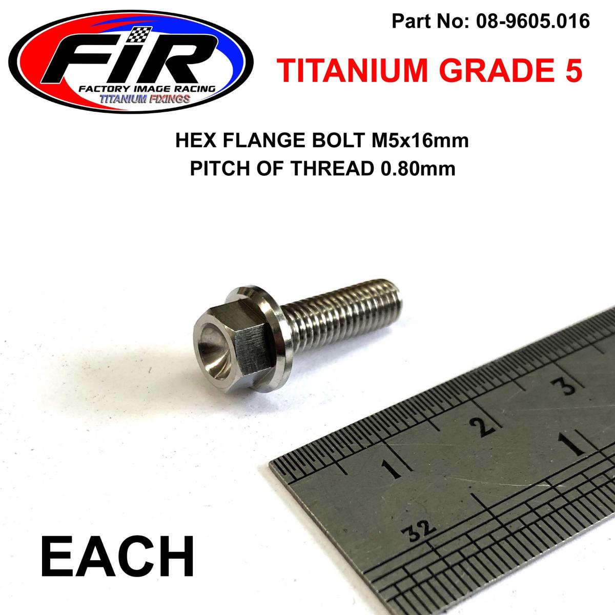 FIR Titanium Gr5 Bolt M5 X 16mm Each, Flange Od: 9.90mm / Hex Size: 7mm, /