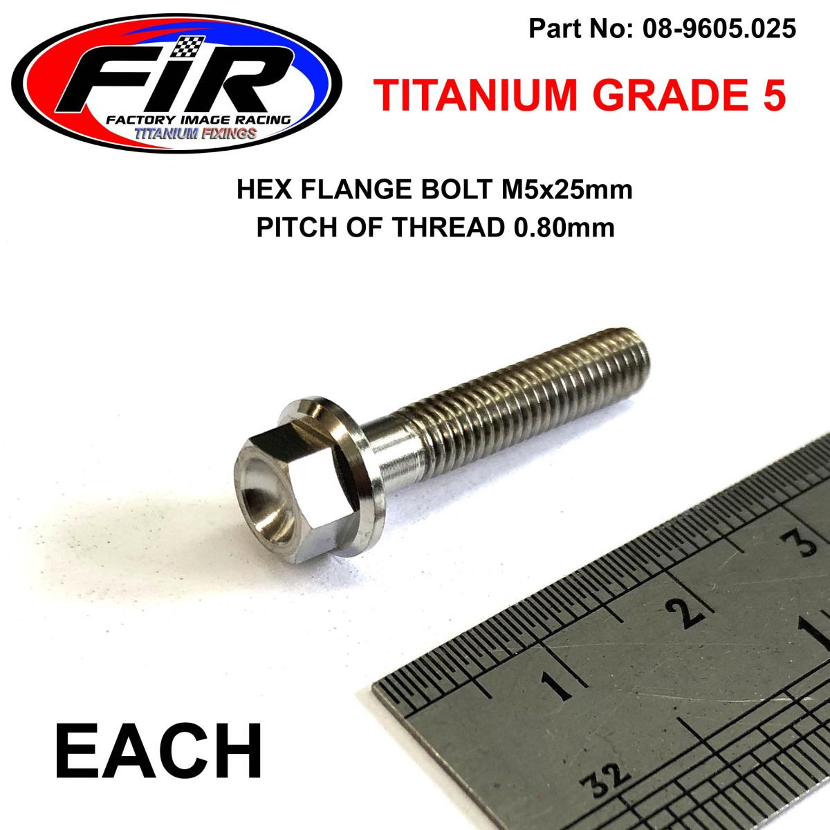 FIR Titanium Gr5 Bolt M5 X 25mm Each, Flange Od: 9.90mm / Hex Size: 7mm, /