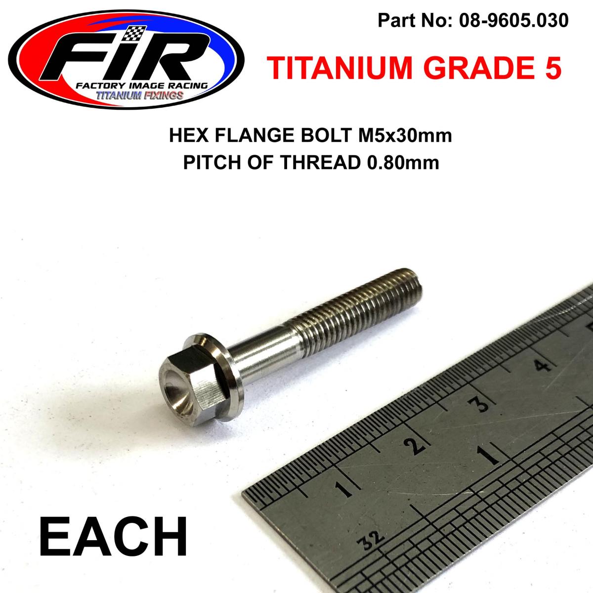 FIR Titanium Gr5 Bolt M5 X 30mm Each, Flange Od: 9.90mm / Hex Size: 7mm, /