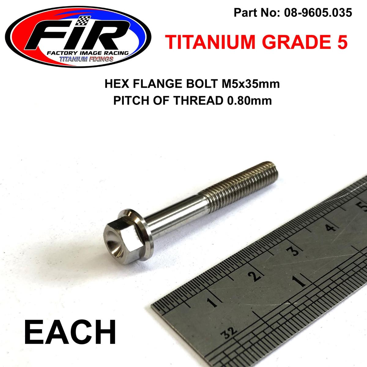 FIR Titanium Gr5 Bolt M5 X 35mm Each, Flange Od: 9.90mm / Hex Size: 7mm, /