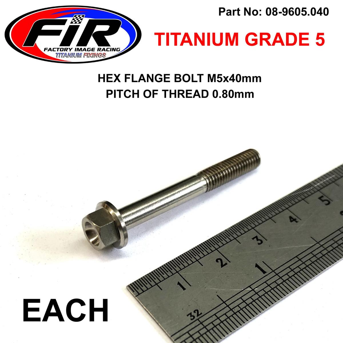 FIR Titanium Gr5 Bolt M5 X 40mm Each, Flange Od: 9.90mm / Hex Size: 7mm, /