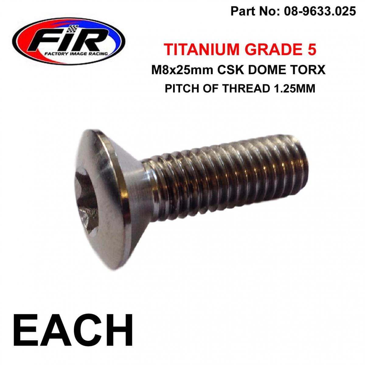 FIR Titanium Gr5 Csk.d Torx M8x25mm, Each