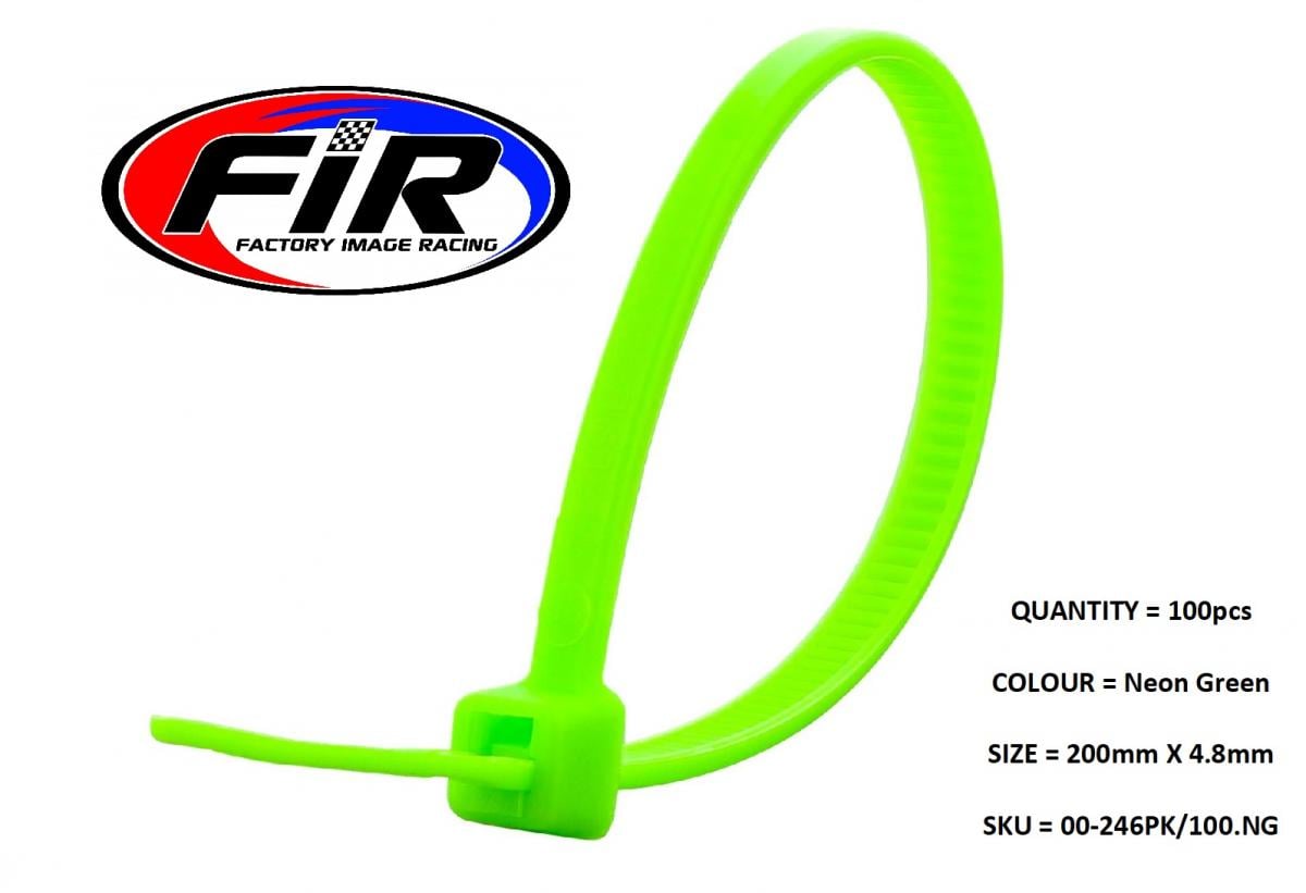 FIR Nylon Cable Zip Ties - Neon Green, 200mm X 4.8mm - Pack of 100