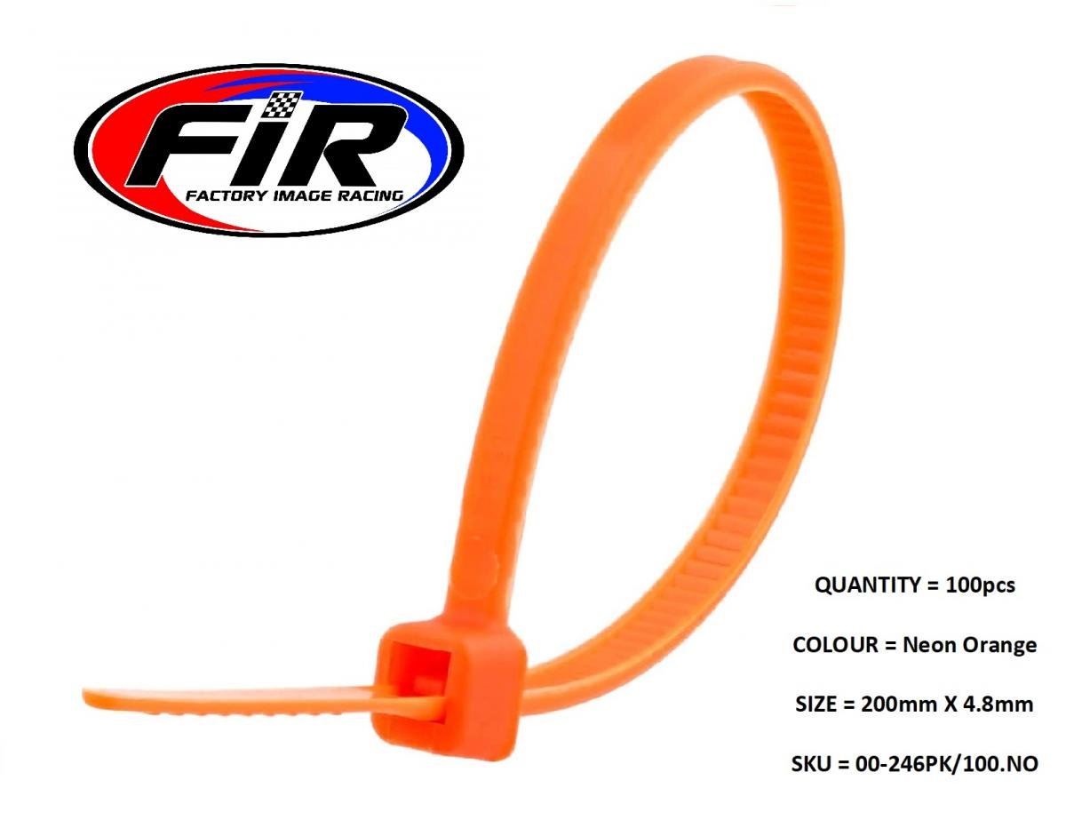 FIR Nylon Cable Zip Ties - Neon Orange, 200mm X 4.8mm - Pack of 100