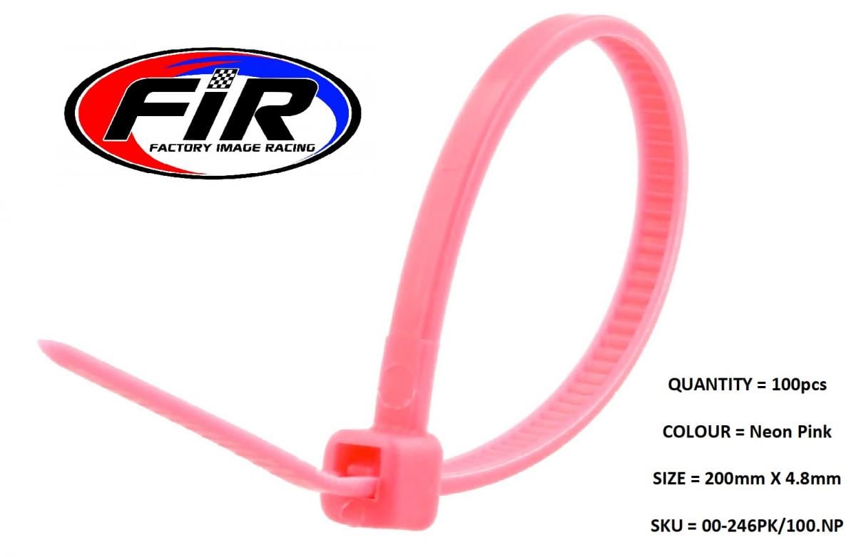 FIR Nylon Cable Zip Ties - Neon Pink, 200mm X 4.8mm - Pack of 100
