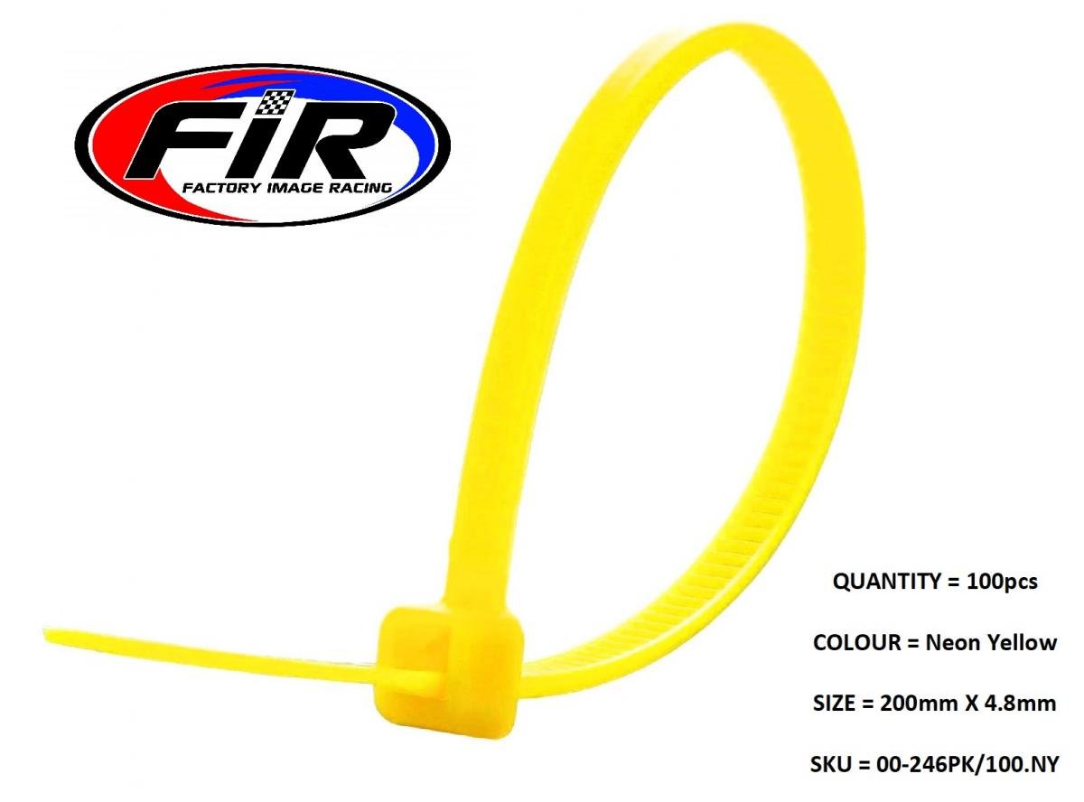 FIR Nylon Cable Zip Ties - Neon Yellow, 200mm X 4.8mm - Pack of 100