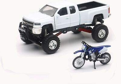 NewRay Model Die Cast Truck & Dirt Bike, White Chevy & Yamaha YZ 125, Scale 1:32, Newray Ss-54416