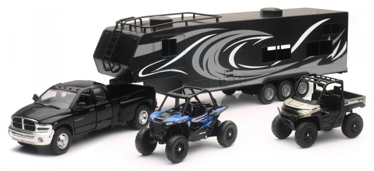 NewRay Model Die Cast Pick Up Hauler, with Polaris Side by Side Vehicles, Scale 1:32, Newray 37046