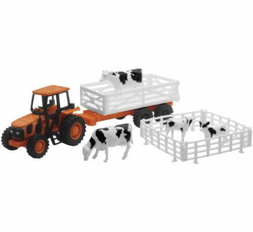 NewRay Model Die Cast Kubota Farm Tractor, & Animals Set, Orange, Scale 1:32, Newray Ss-15825a