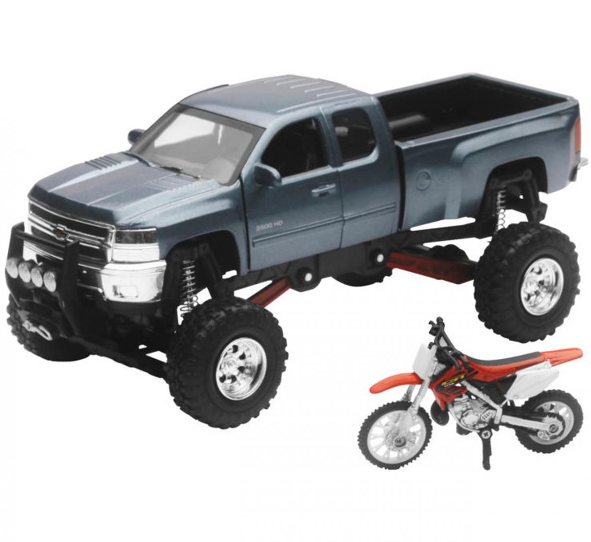 NewRay Model Die Cast Chevrolet Pick Up, with Yamaha Dirt Bike, Scale 1:32, Newray Ss-54426