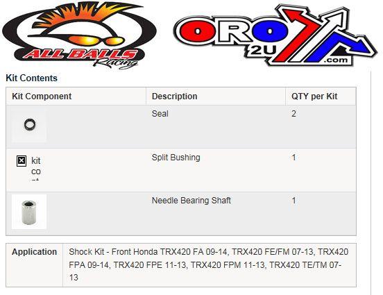 All Balls Racing Front Shock Bushing Kit TRX420, Allballs 21-1009 Honda ATV 91351-hn0-671, 52452-gw6-003, 51486-hn6-003