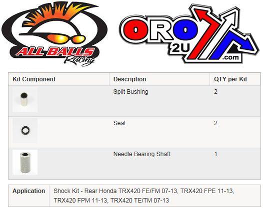All Balls Racing Rear Shock Bushing Kit TRX420, Allballs 21-1010 Honda ATV
