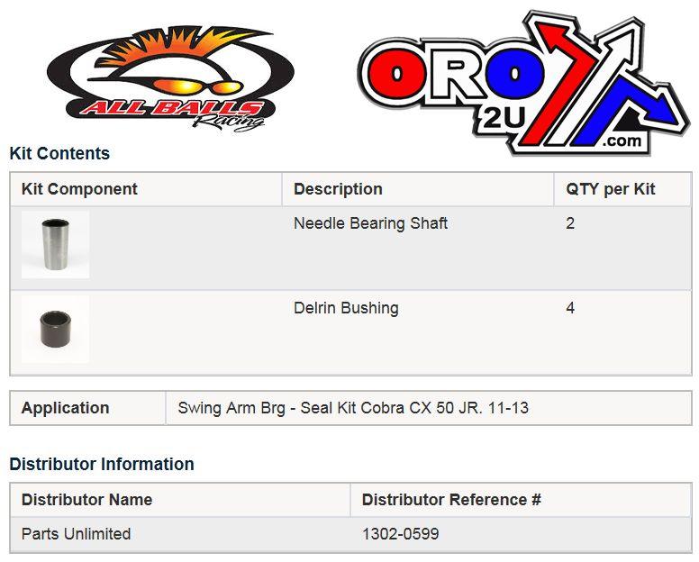 All Balls Racing Swingarm Bearing Kit Allballs, Allballs 28-1209 Cobra CX50JR