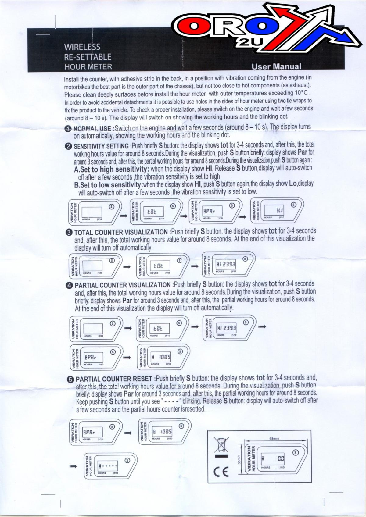 Dirt Racing Hour Meter Digital Wireless Up-12678bk