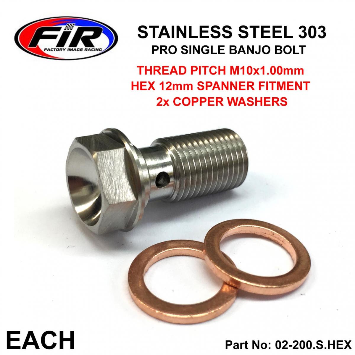 FIR Banjo Bolt M10x1.00 Stainless, Stainless Steel / Cnc Made, / Each