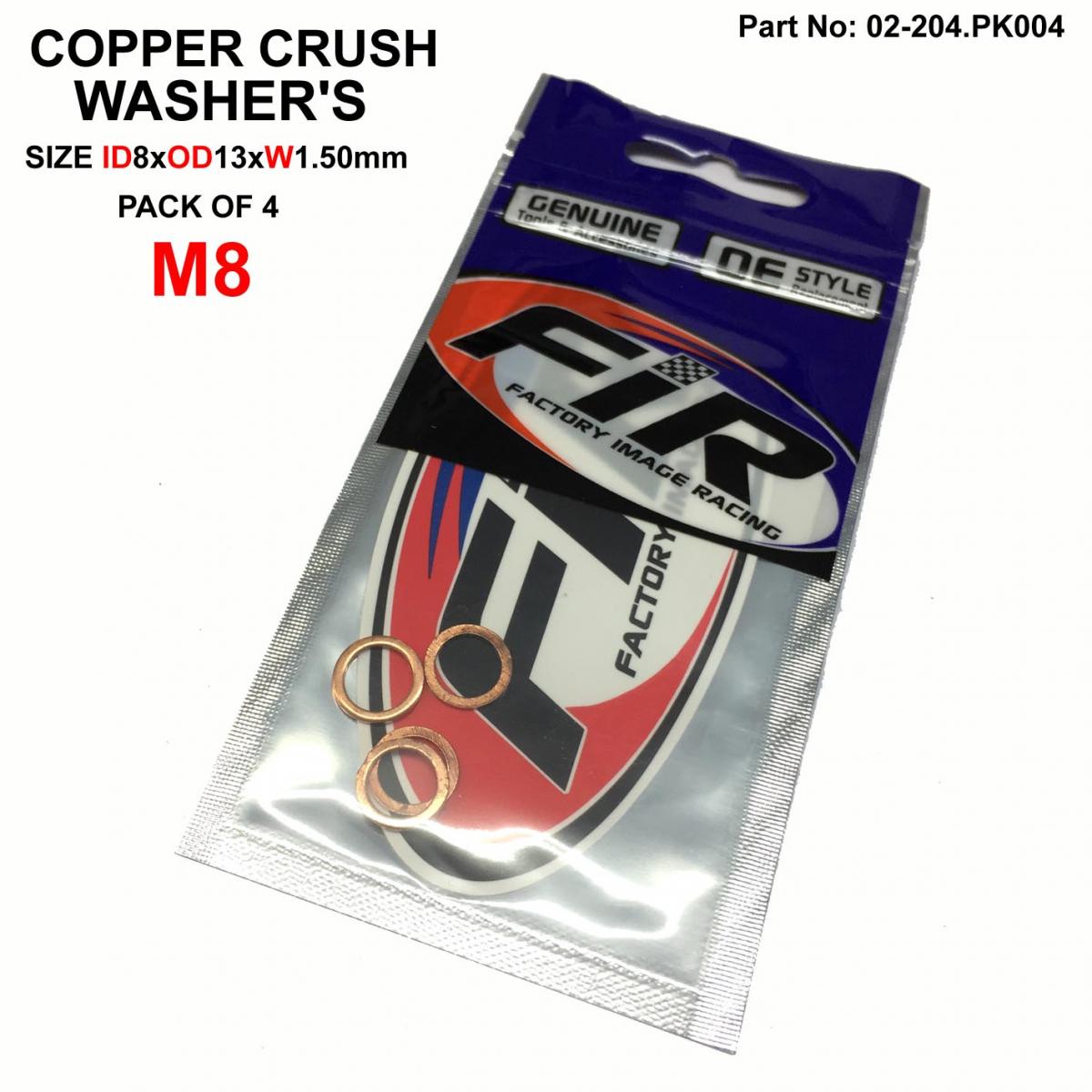 FIR Copper Washer M8 Pk of 4, Size Id8 X OD13 X W1.5mm