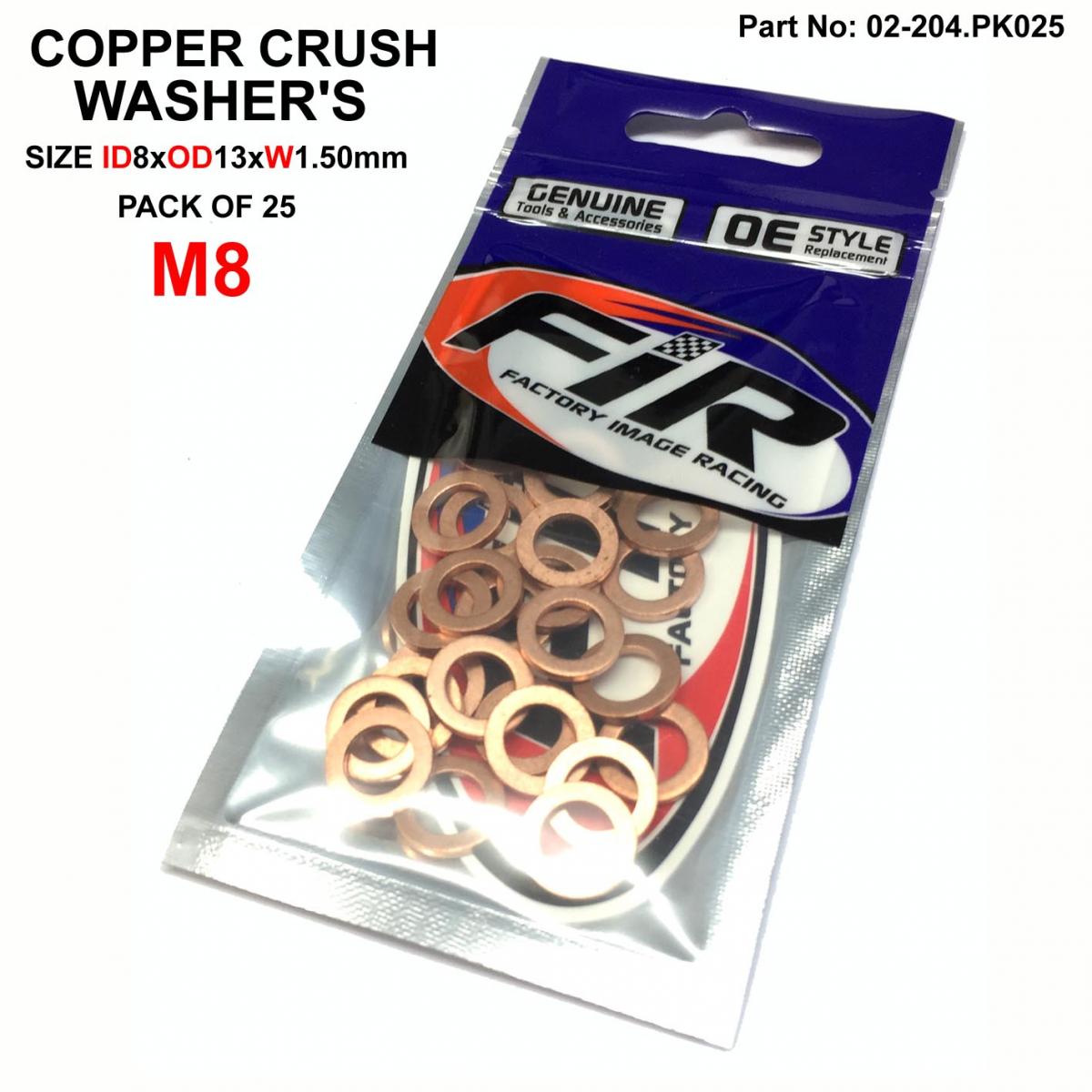 FIR Copper Washer M8 Pk of 25, Size Id8 X OD13 X W1.5mm