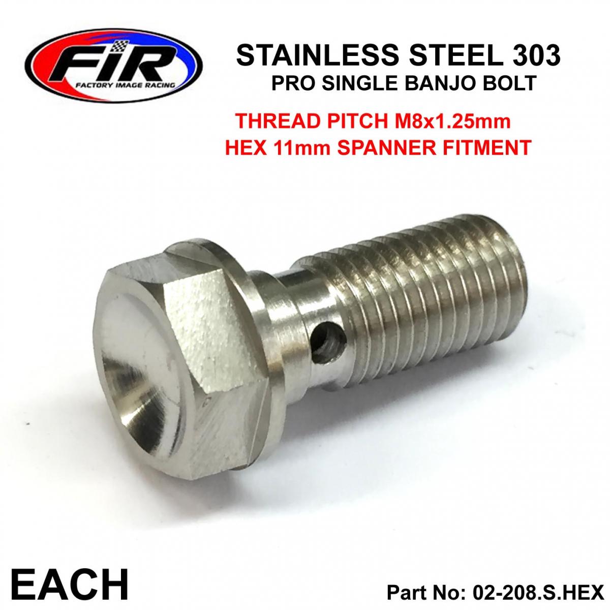 FIR Pro Banjo Bolt M8x1.25 Ss, Stainless Steel / Cnc Made, / Each