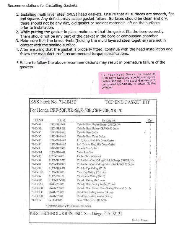 K&S Technologies Gasket Top Set CRF50, XR50, 70, K&s 71-1043t Honda XR70