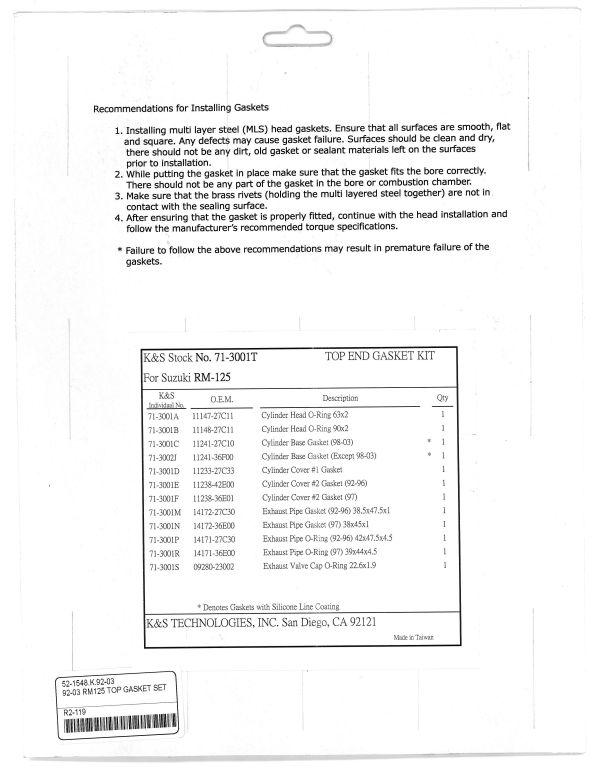 K&S Technologies Gasket Top Set 92-08 RM125 K&s 71-3001t, KS71-3001t