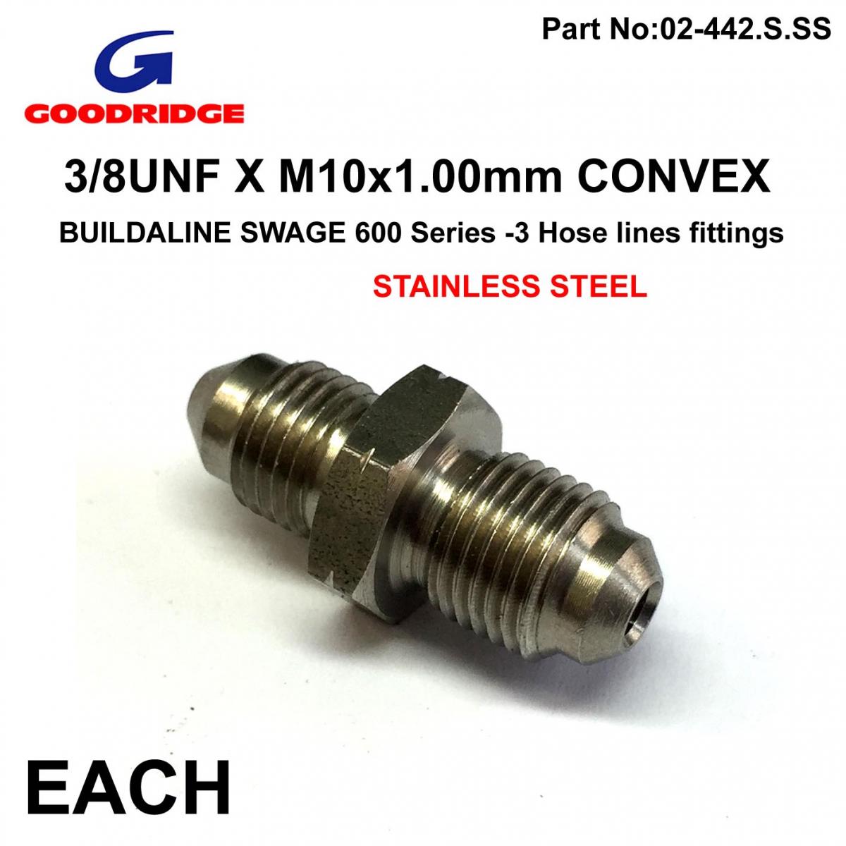 Goodridge 3/8 Unf to M10 X 1.00 Convex Adapter 305-03-31 600-03 Stainless Steel, 3/10100as