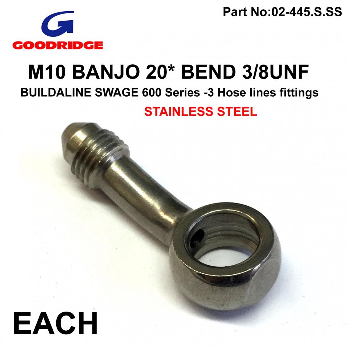 Goodridge M10 Banjo 20* Bend 3/8unf Gr, B593-03c Swage Crimp Fitting 600 Series -3, Goodridge / Stainless Steel