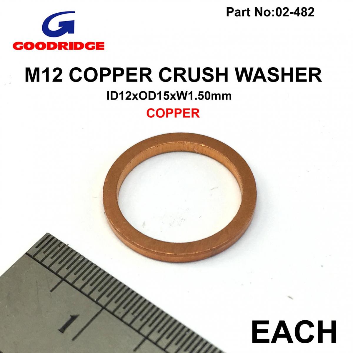 Tag-z M12 Copper Crush Washer Ea, Each Size ID12 X OD15 X W1.50m, 44519 / Goodridge