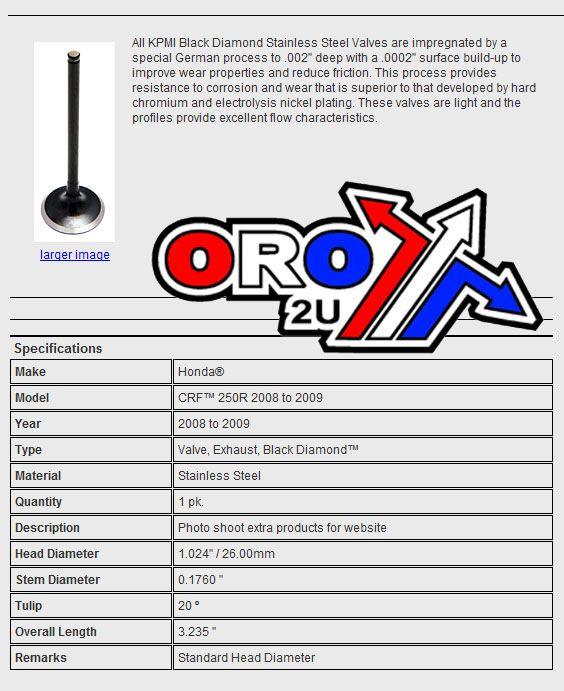 Kibblewhite Valve Exhaust CRF250R 08-09 Black Diamond Ss, Kibblewhite 30-31166 Honda, Black Diamond 14721-krn-a10