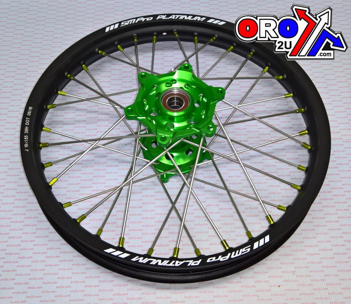 SM Pro 19x1.85 Wheel KX/KXF Bk/gn/gn, MX-2010 Black Rim, Green Hub, Sp05305825105 Green Nipples