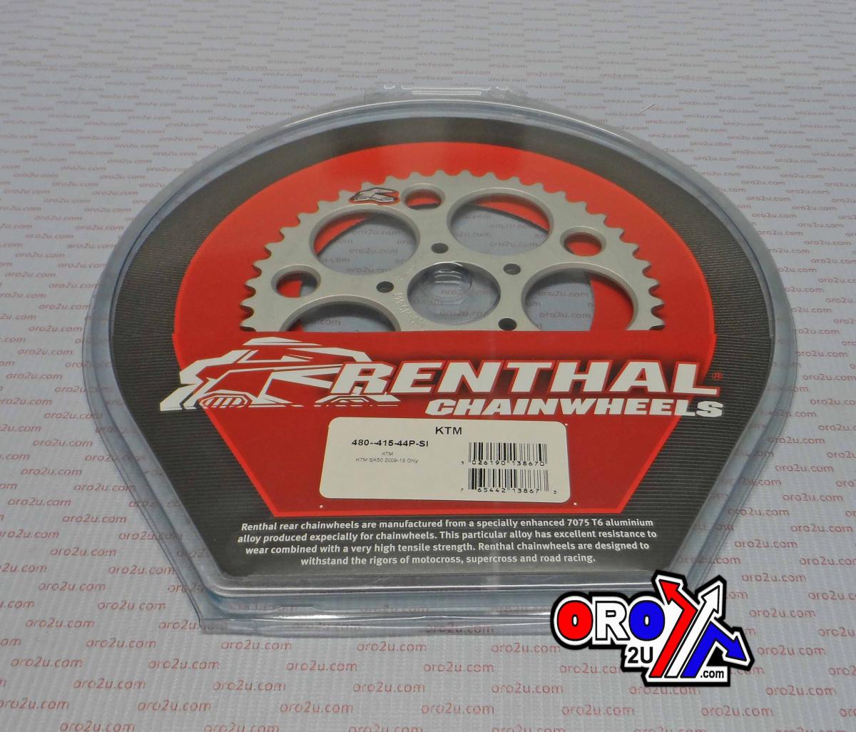 Renthal Rear Sprocket Renthal 480, KTM 50 2010-2013 44t Silver, 480--415-44p-si