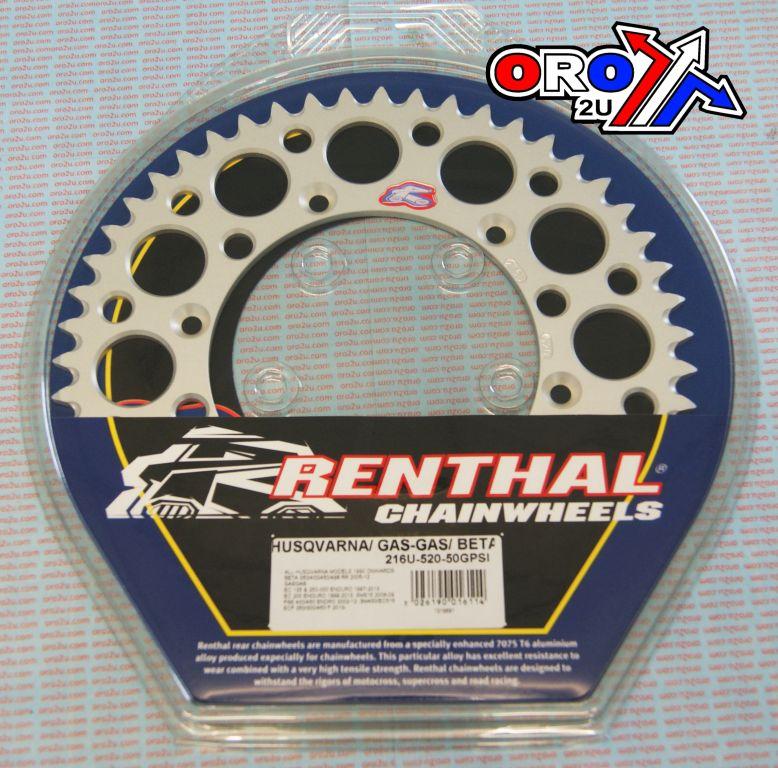Renthal Rear Sprocket Alloy Renthal, Ultralite 216u-520-50gpsi Silver, Husqvarna / Gasgas / Beta