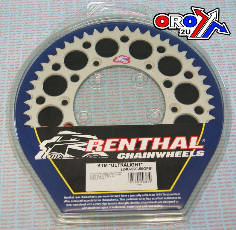 Renthal Rear Sprocket Renthal KTM, Ultralite 224u-520-50gpsi Silver, 224u-520-50gpsi