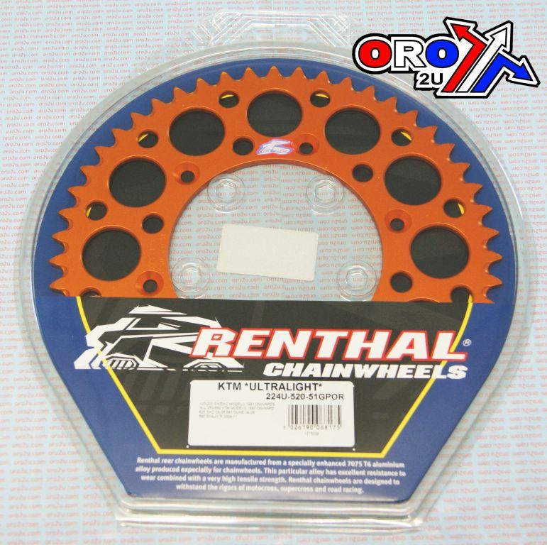 Renthal Rear Sprocket Renthal KTM, Ultralite 224u-520-51gpor Orange, 224u-520-51gpor