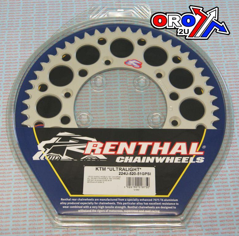 Renthal Rear Sprocket Renthal KTM, Ultralite 224u-520-51gpsi Silver, 224u-520-51gpsi