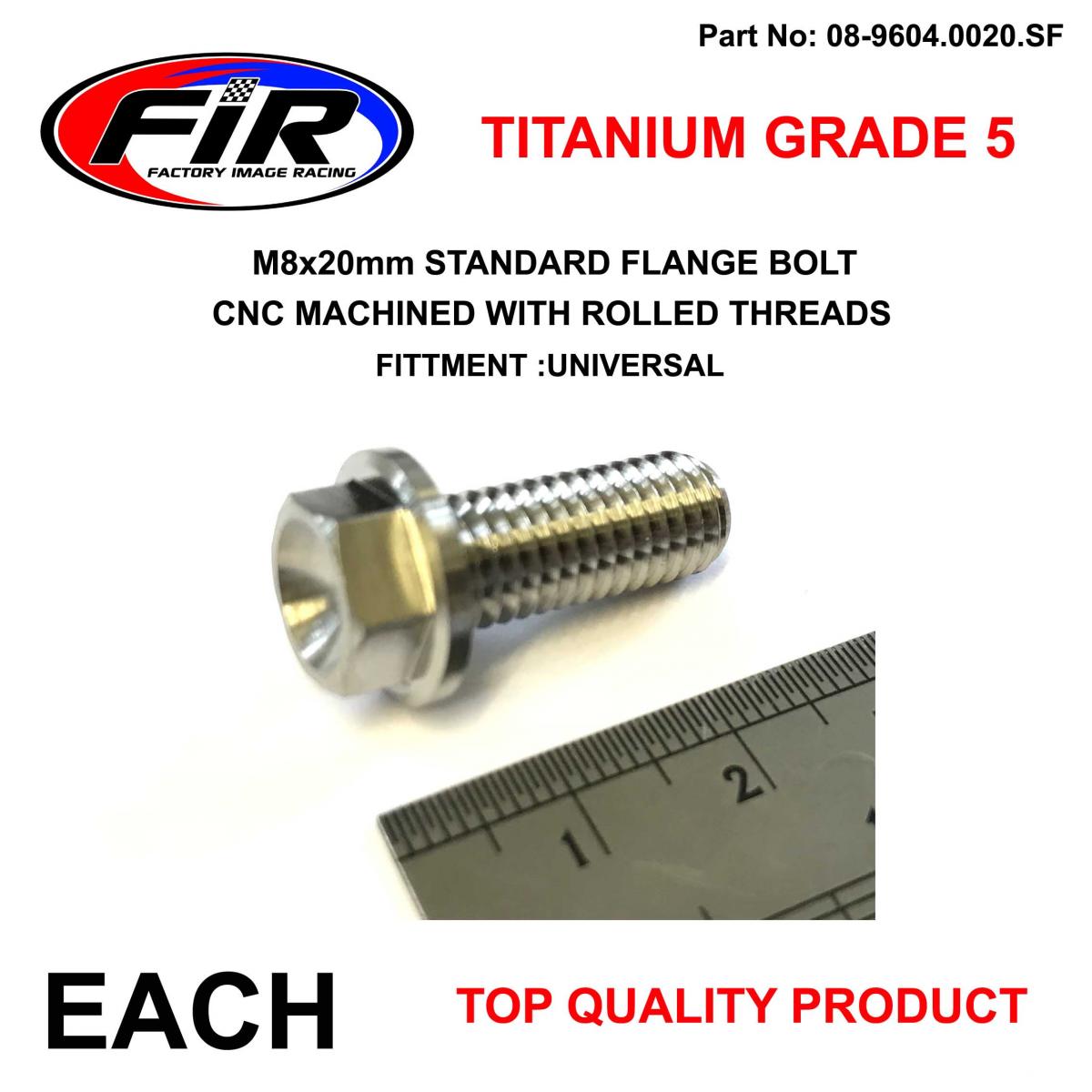 FIR Titanium Gr5 Bolt M8x20mm Each, Flange Od: 14mm / Hex Size: 10mm, /