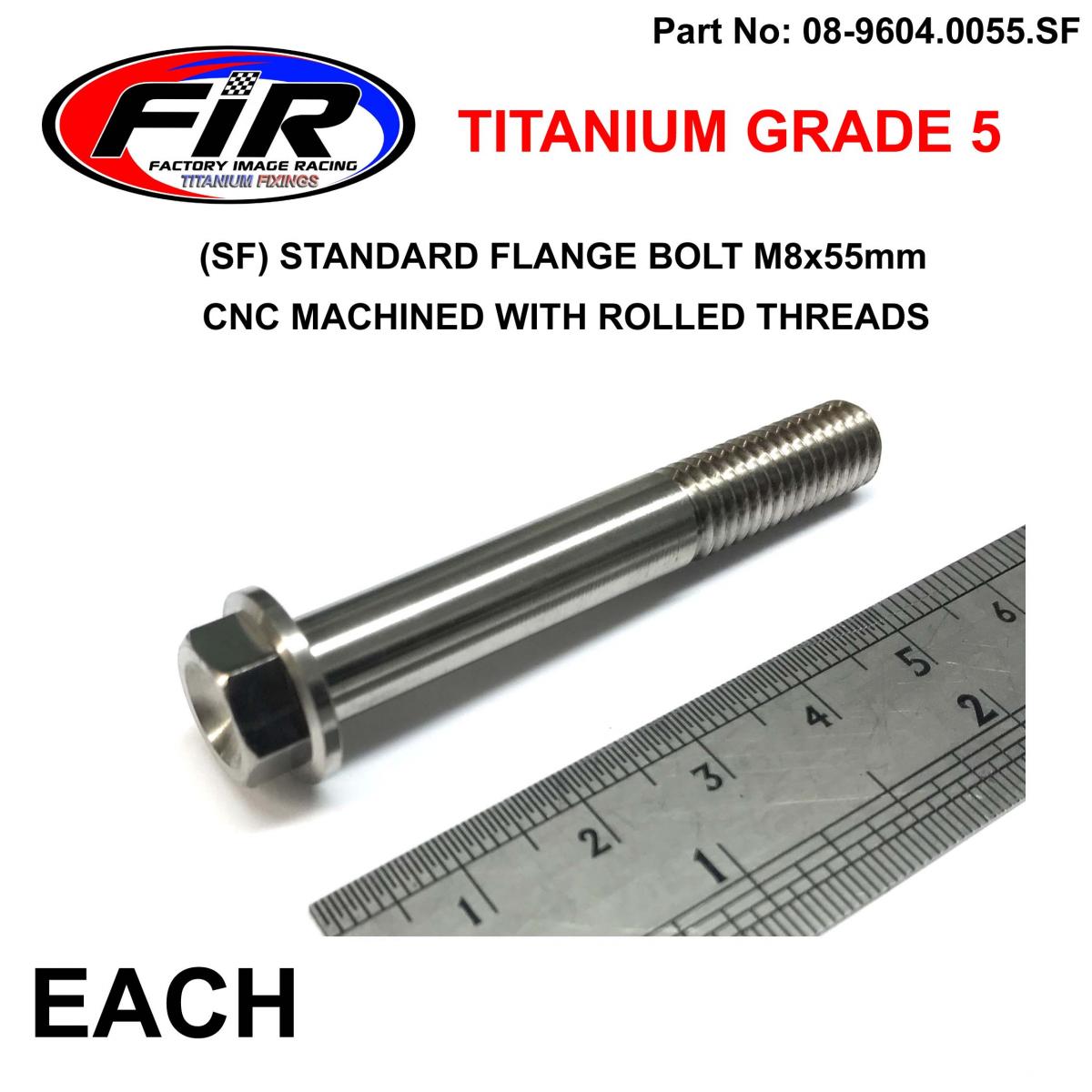 FIR Titanium Gr5 Bolt M8 X 55mm Each, Flange Od: 14mm / Hex Size: 10mm, /