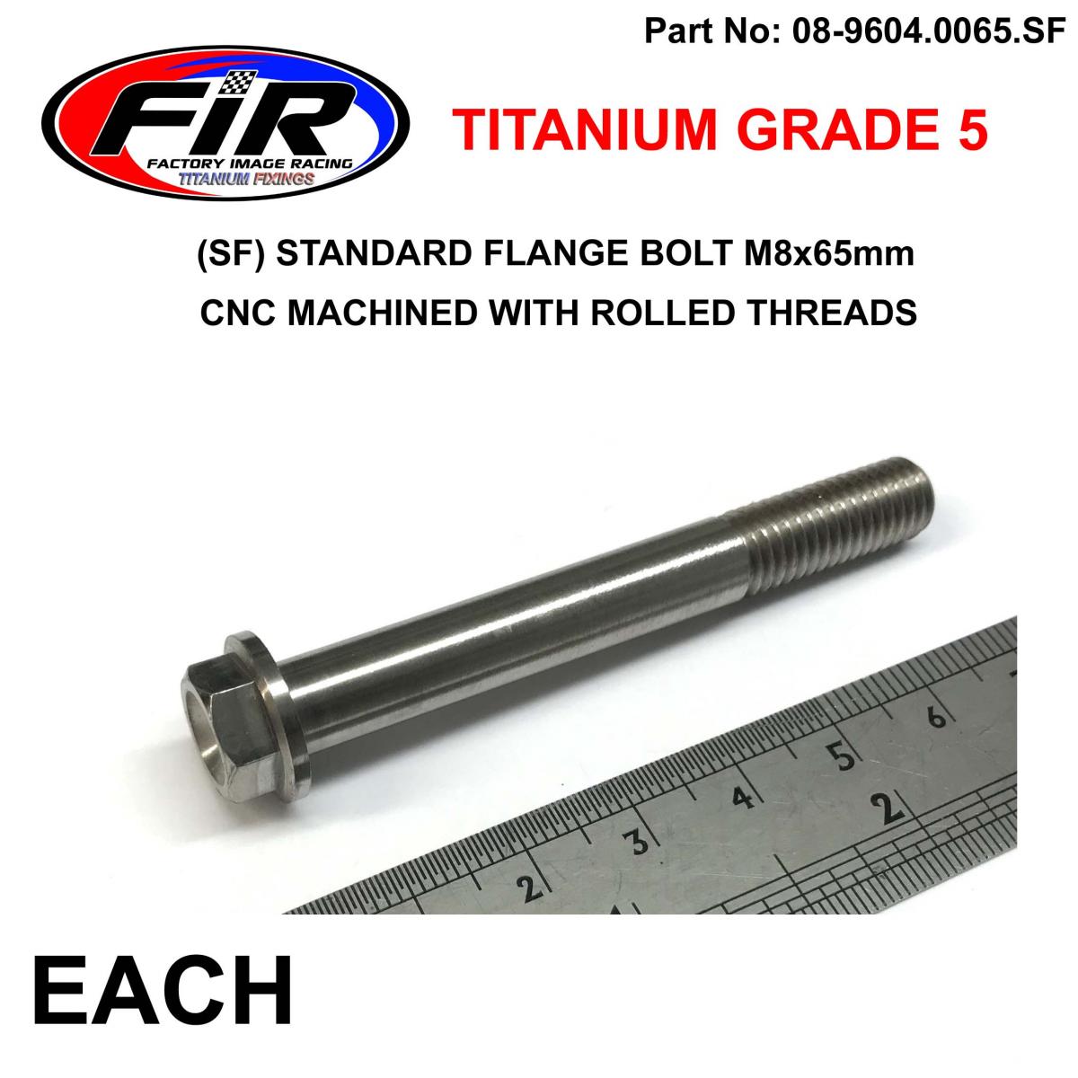 FIR Titanium Gr5 Bolt M8 X 65mm Each, Flange Od: 14mm / Hex Size: 10mm, /
