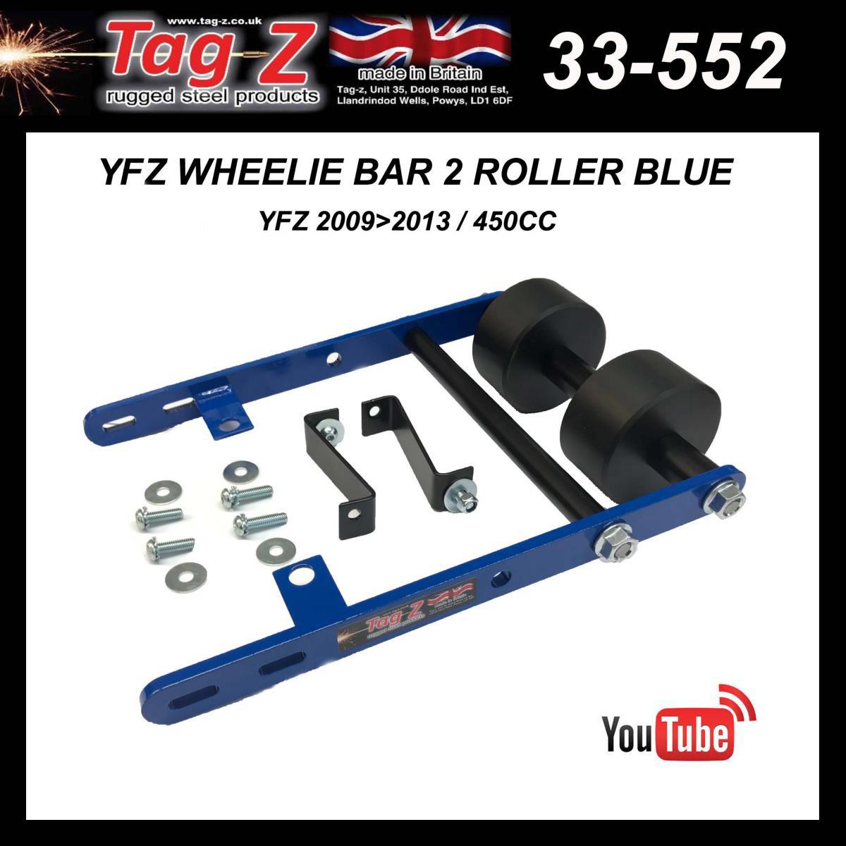 Tag-z Yfz Wheelie Bar 2 Roller Blue, ATV Quad Wheelie Saver / Catch, 3.4kg 34x22x7cm / Yfz 2009>2013